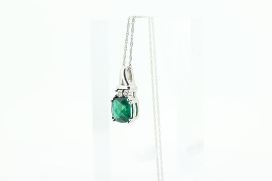 Emerald Diamond pendant. 10k White Gold Emerald cushion cut and Diamond Drop Pendant Necklace. st(104)