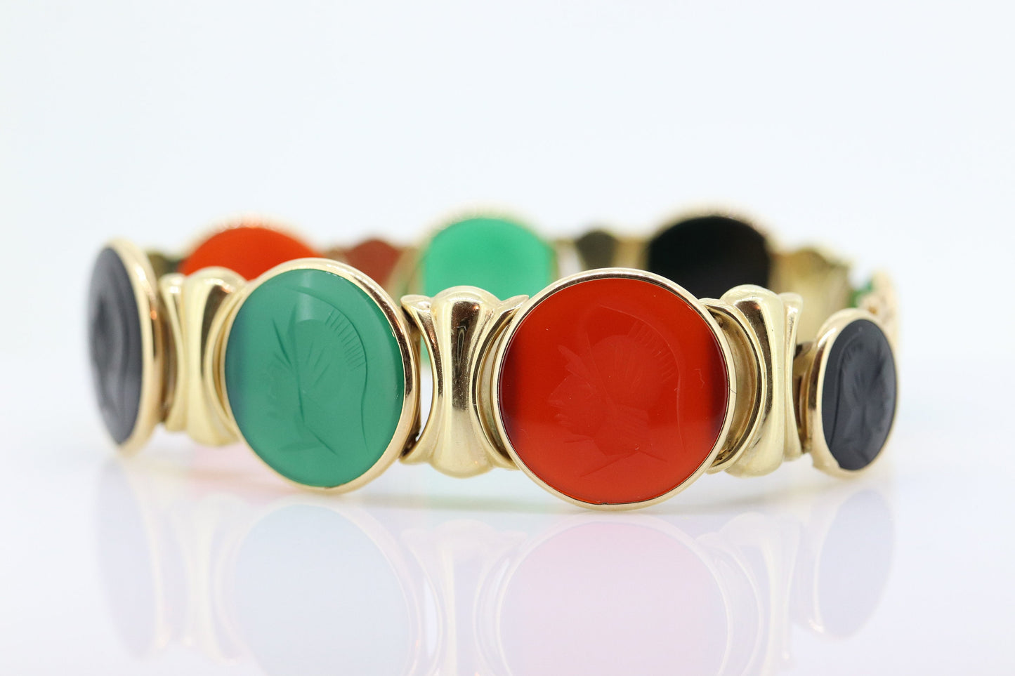 14k Intaglio Roman soldier, Centurion Bracelet. 14k gold Heavy Carved Warrior Onyx Carnelian Chalcedony Panel Bracelet. (st461)