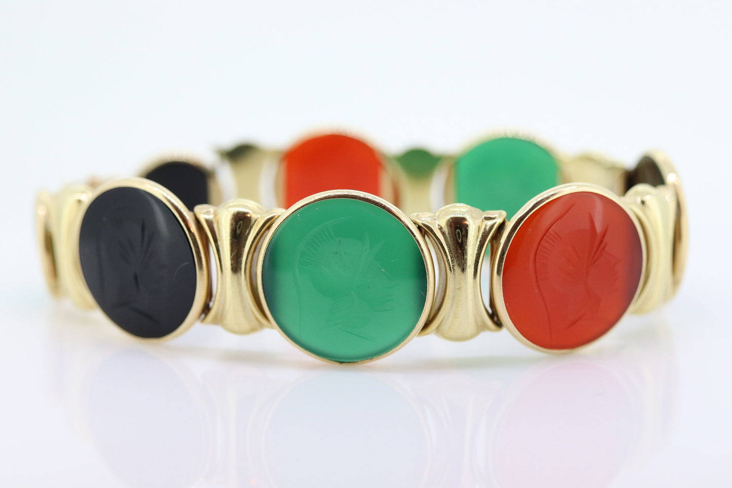 14k Intaglio Roman soldier, Centurion Bracelet. 14k gold Heavy Carved Warrior Onyx Carnelian Chalcedony Panel Bracelet. (st461)