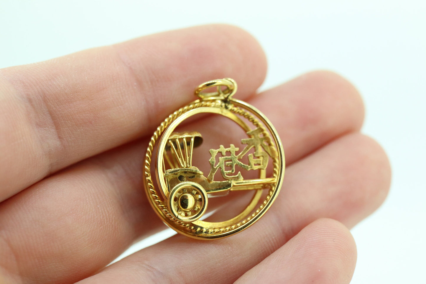 14k CHINESE RICKSHAW cart carriage Medallion pendant. 14k 3D Cart BUGGY rickshaw Geometric Charm st(92)