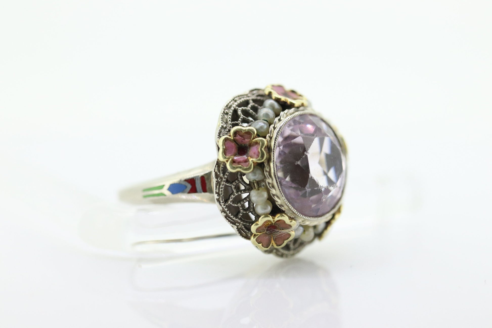 Antique 14k Gold Art Deco Kunzite ring. Robin Bladen & Robins RBR Pearl seed enamel flower filigree ring. st(248)