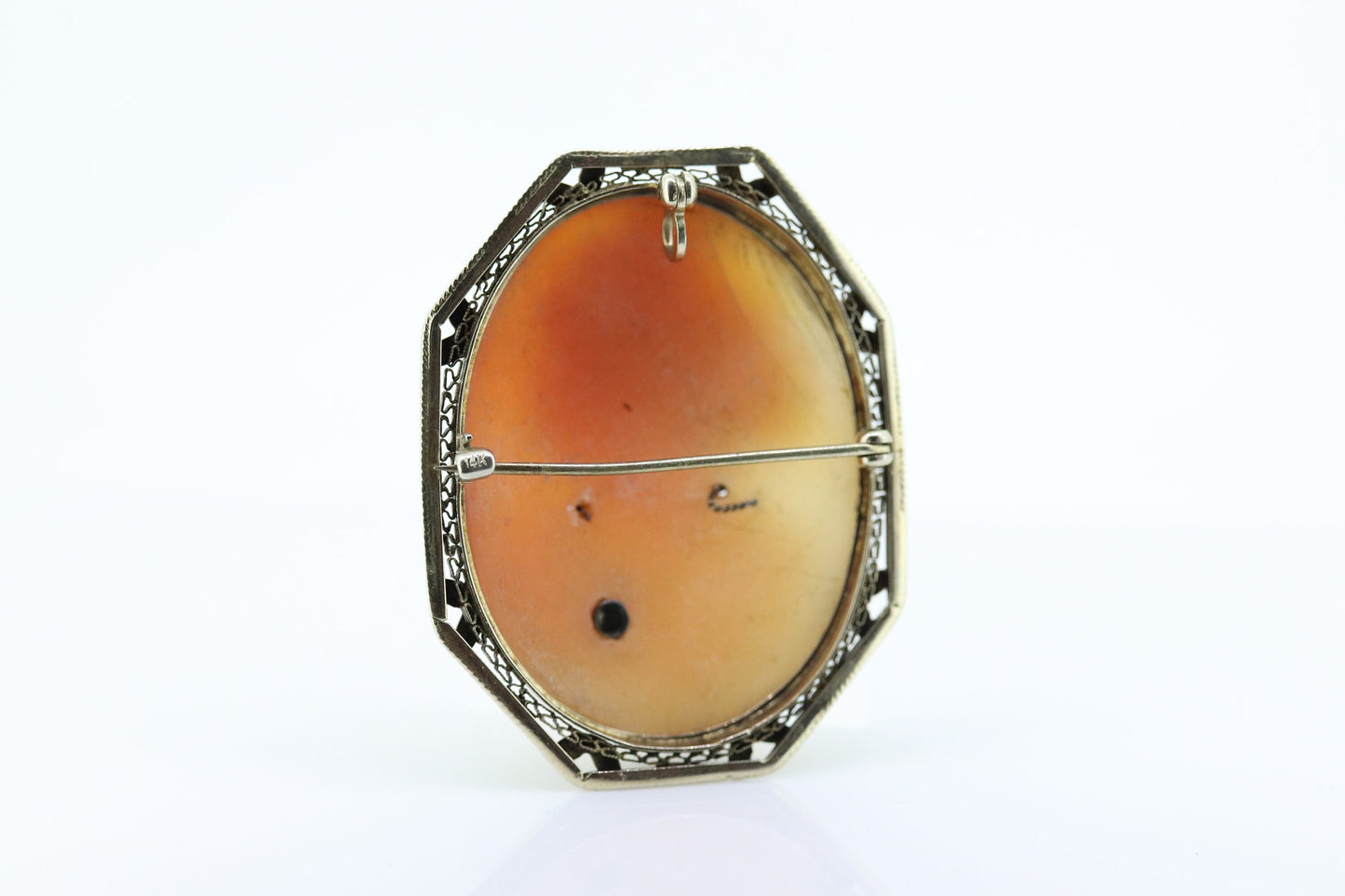 14k White Gold Cameo w/ Diamond, Vintage Filigree Carved Shell Brooch Pin or Pendant. Carved Cameo Shell Pendant and Brooch. st(106)