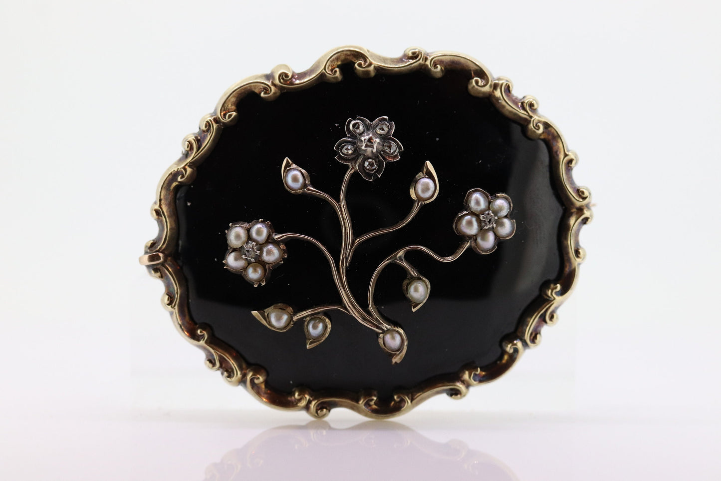 12k Victorian Black Enamel, Seed Pearls, Diamond and 12k gold and sterling silver, Mourning Brooch, c1840, Braided Hair Forget me not 260