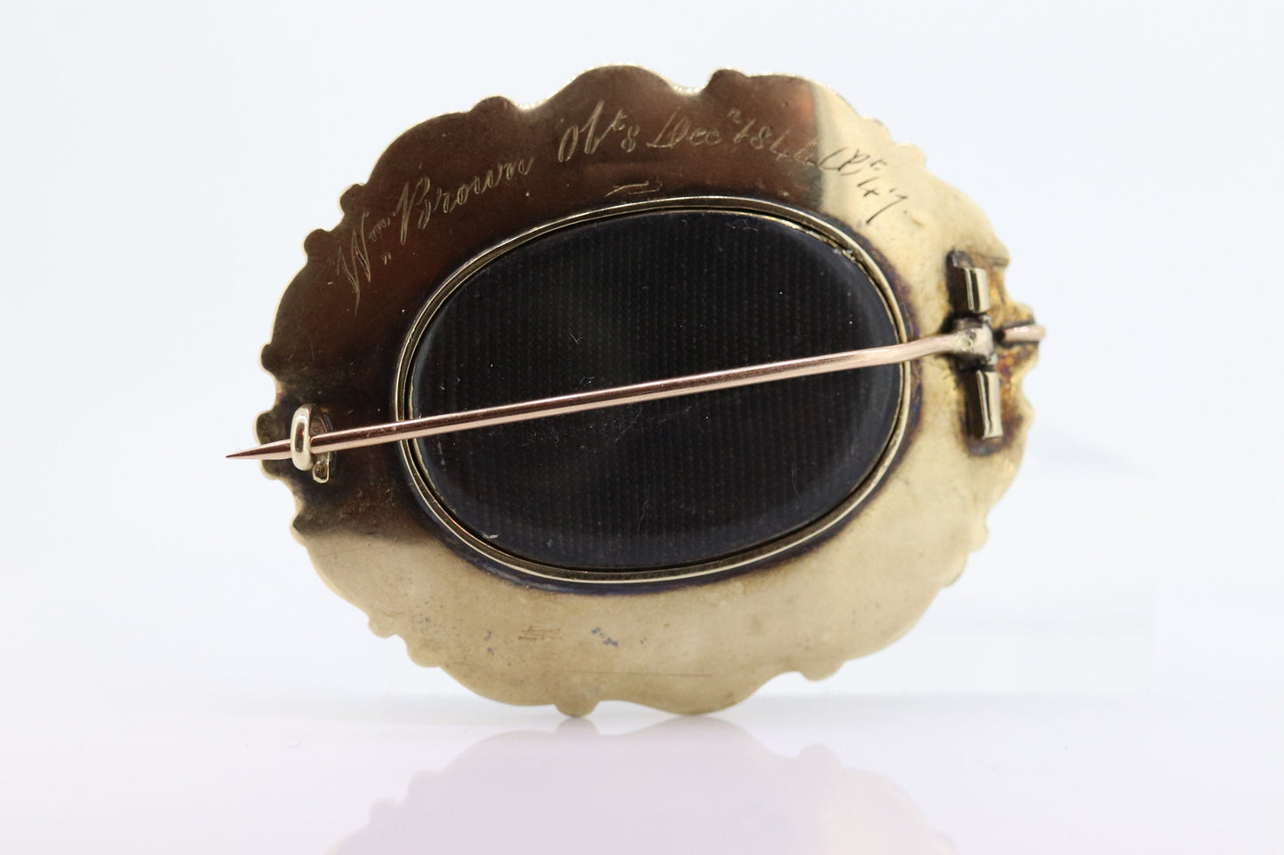 12k Victorian Black Enamel, Seed Pearls, Diamond and 12k gold and sterling silver, Mourning Brooch, c1840, Braided Hair Forget me not 260