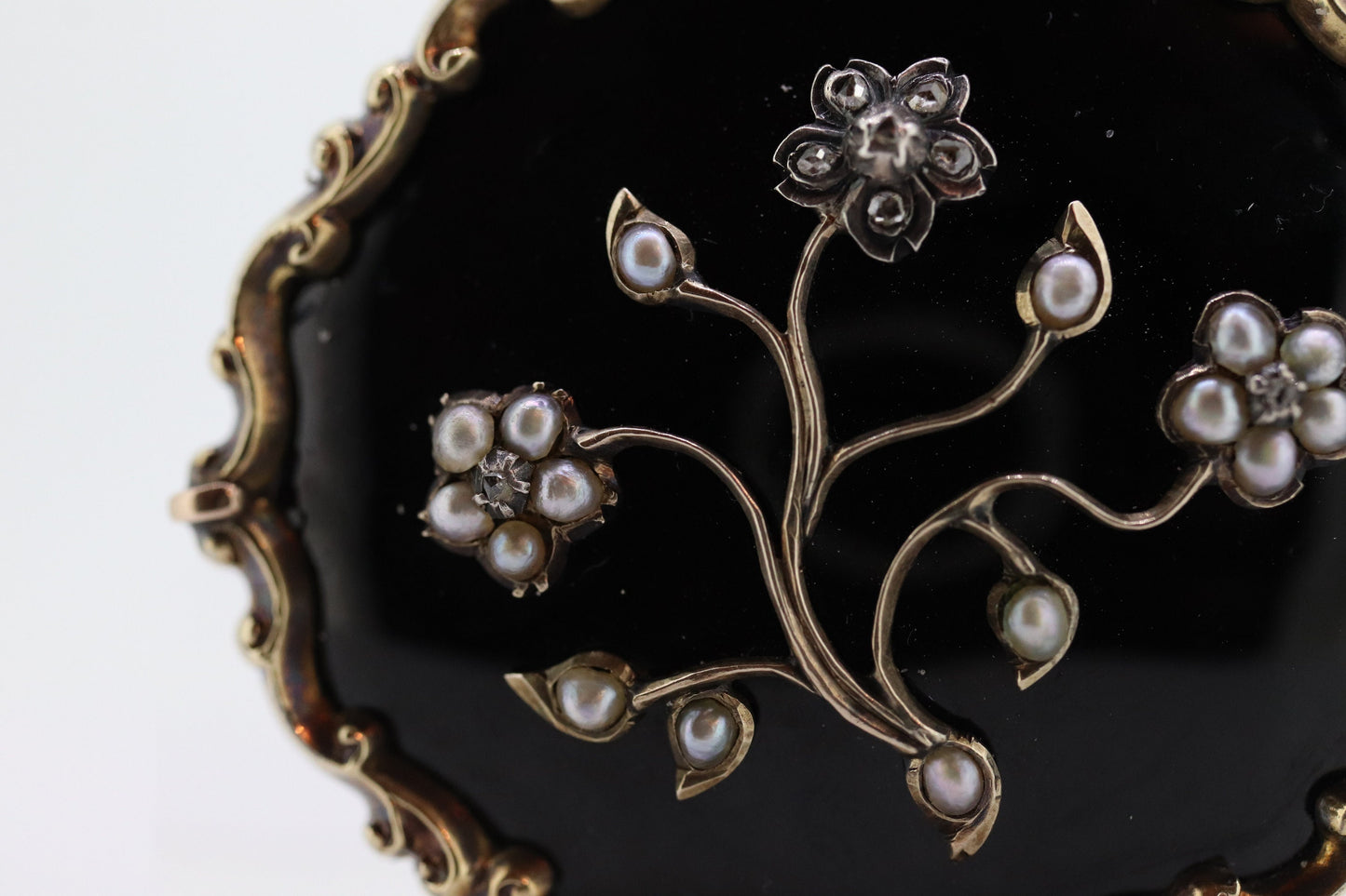 12k Victorian Black Enamel, Seed Pearls, Diamond and 12k gold and sterling silver, Mourning Brooch, c1840, Braided Hair Forget me not 260