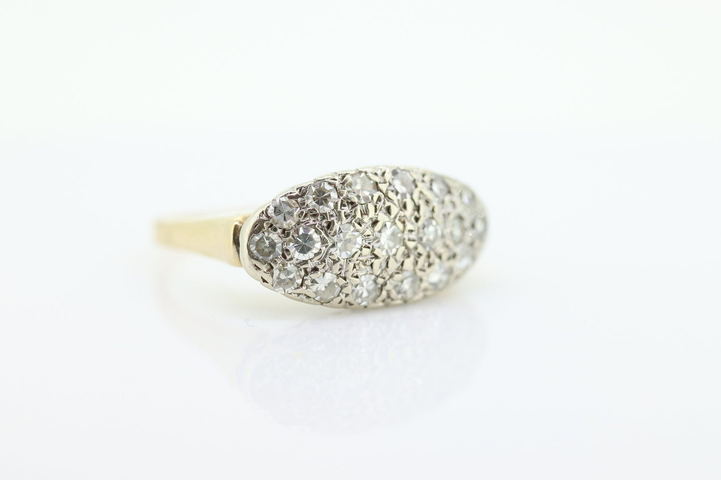 14k Diamond Pave Cluster Bombe Ring. 14k Yellow White Gold Edwardian Diamond Pave cluster Oval top ring. st(184)
