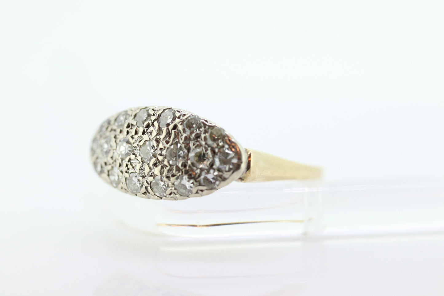 14k Diamond Pave Cluster Bombe Ring. 14k Yellow White Gold Edwardian Diamond Pave cluster Oval top ring. st(184)