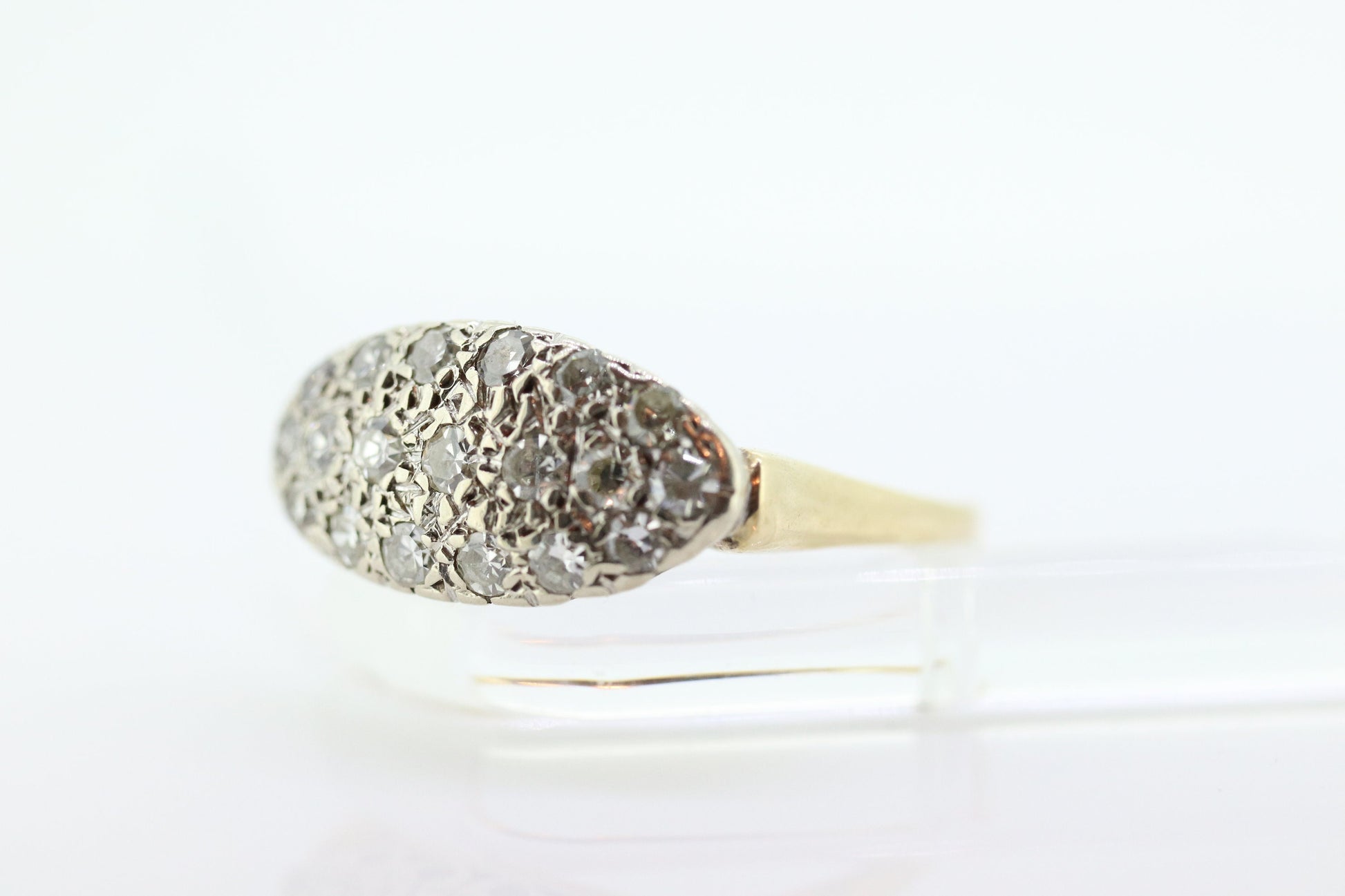 14k Diamond Pave Cluster Bombe Ring. 14k Yellow White Gold Edwardian Diamond Pave cluster Oval top ring. st(184)