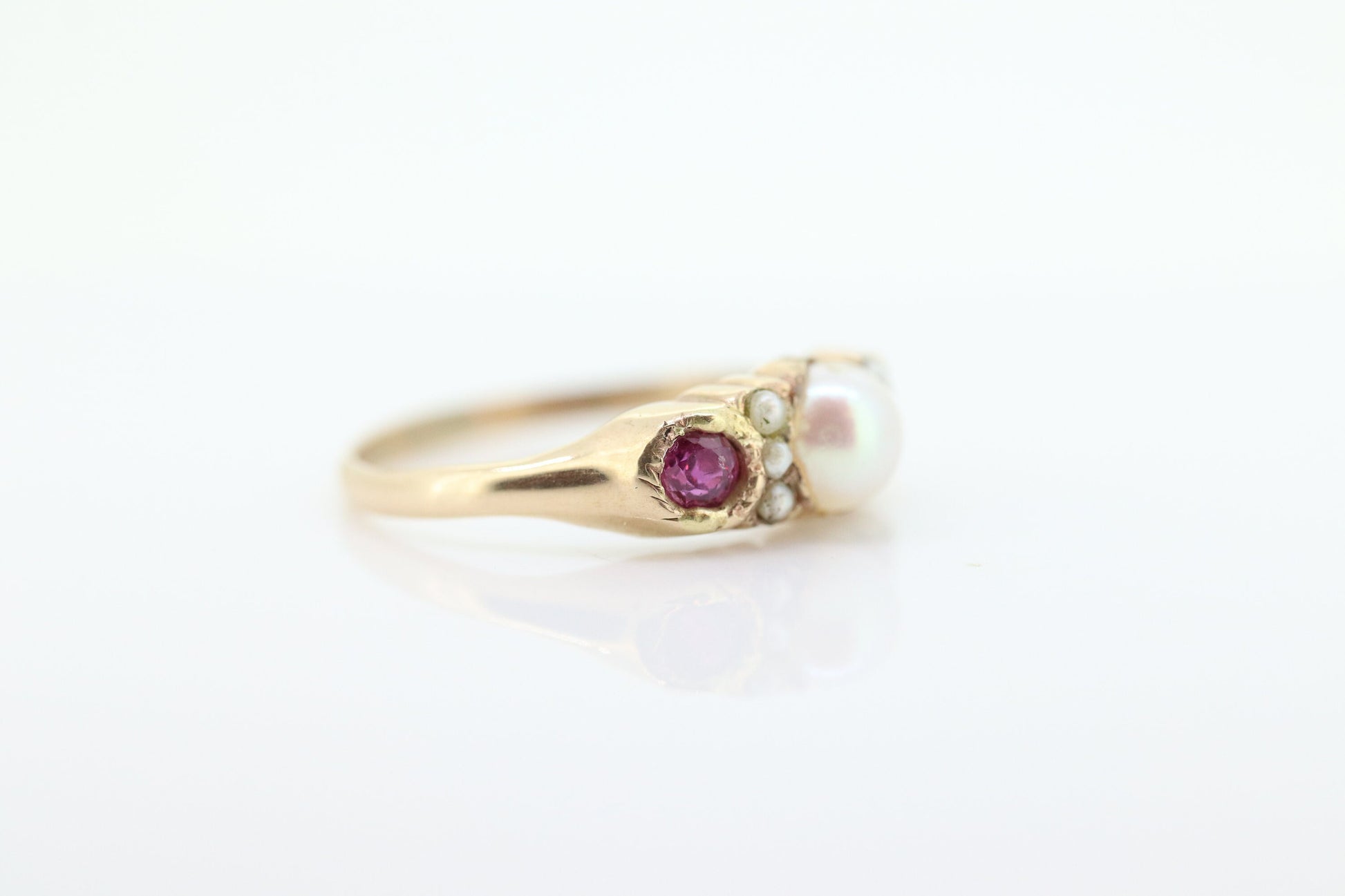 14k Ruby and Pearl Cluster ring. Victorian Pearl seed and Ruby band. st(109)