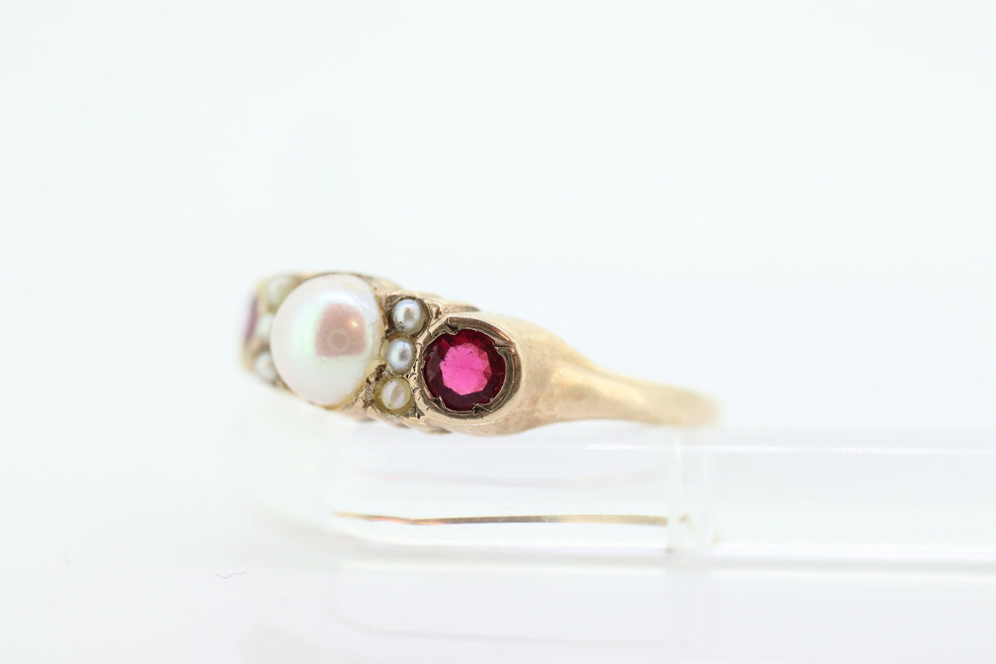 14k Ruby and Pearl Cluster ring. Victorian Pearl seed and Ruby band. st(109)