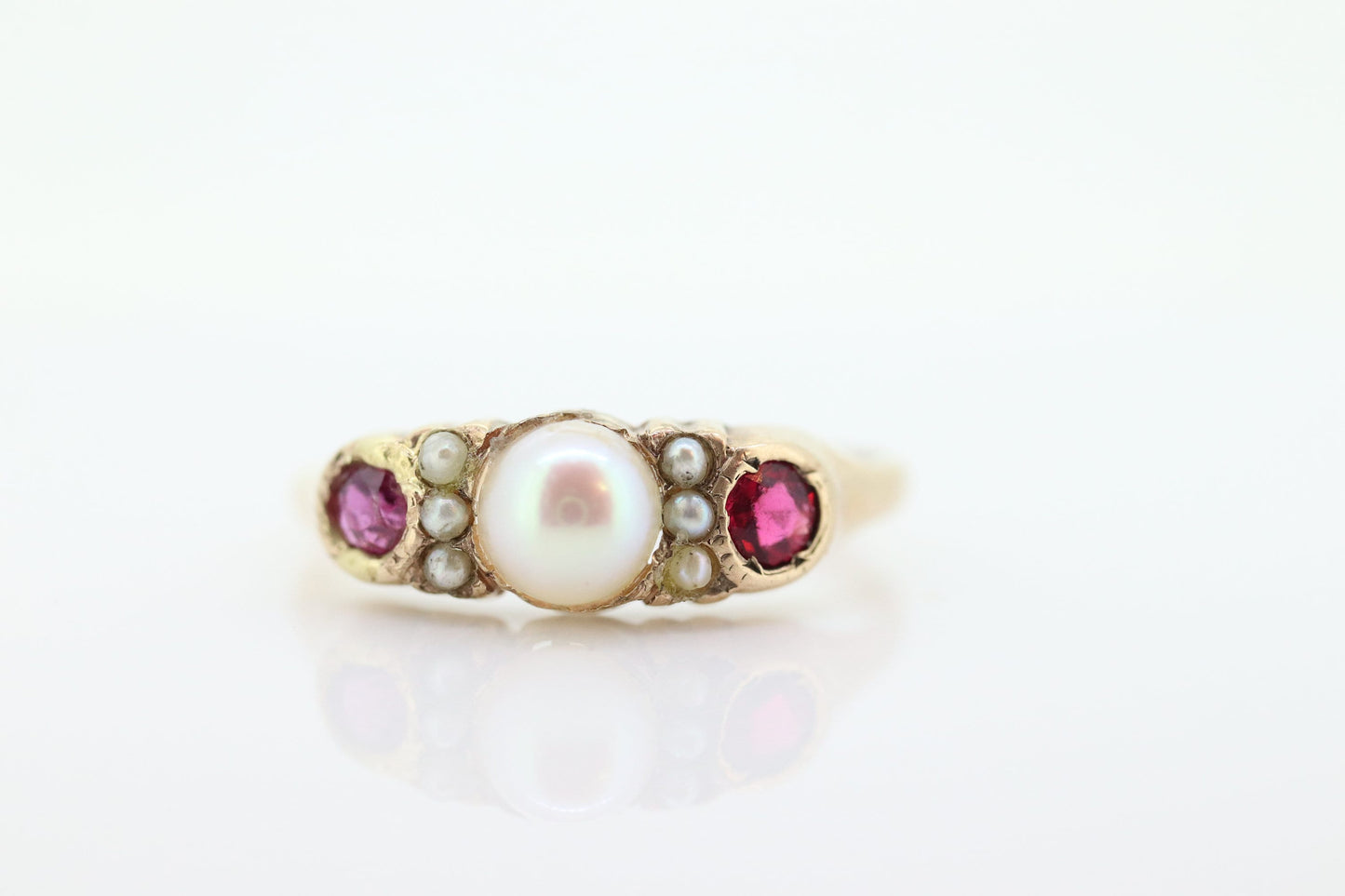 14k Ruby and Pearl Cluster ring. Victorian Pearl seed and Ruby band. st(109)
