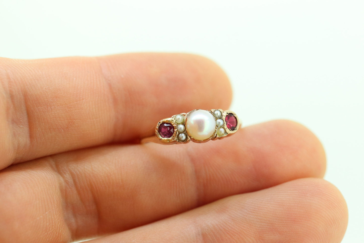 14k Ruby and Pearl Cluster ring. Victorian Pearl seed and Ruby band. st(109)