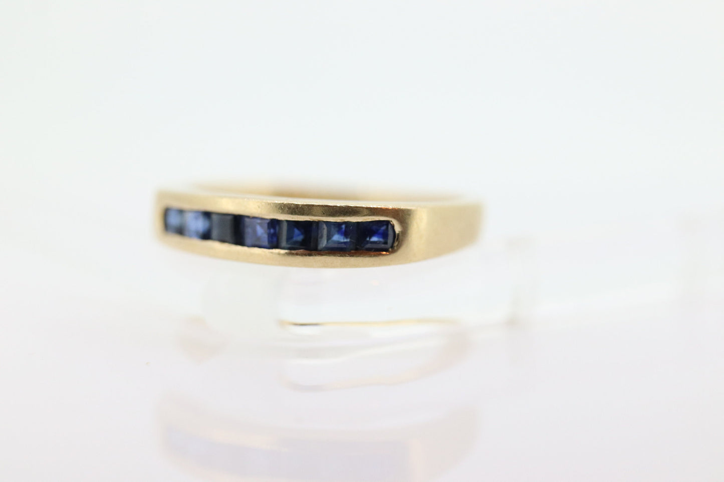 14k Gold BLUE Sapphire Eternity Band. Channel Set Princess Sapphire calibre cut Half Eternity band. st(98)