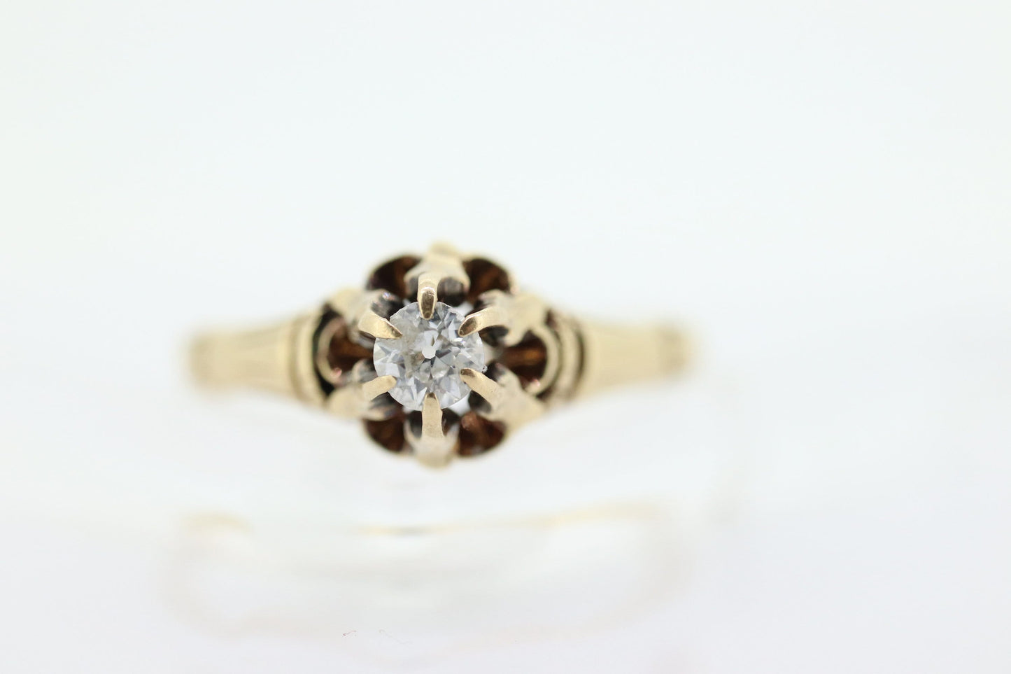 Antique Belcher Set Diamond 14k engraved ring. 0.15ct Victorian Prong Diamond Ring Women Buttercup diamond sz 7.5 st(81)