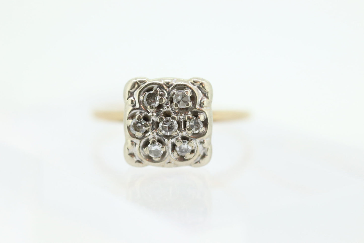 Diamond Daisy Cluster Elevated on Ring. 10k Art Deco Diamond Pave square cathedral. st(92)