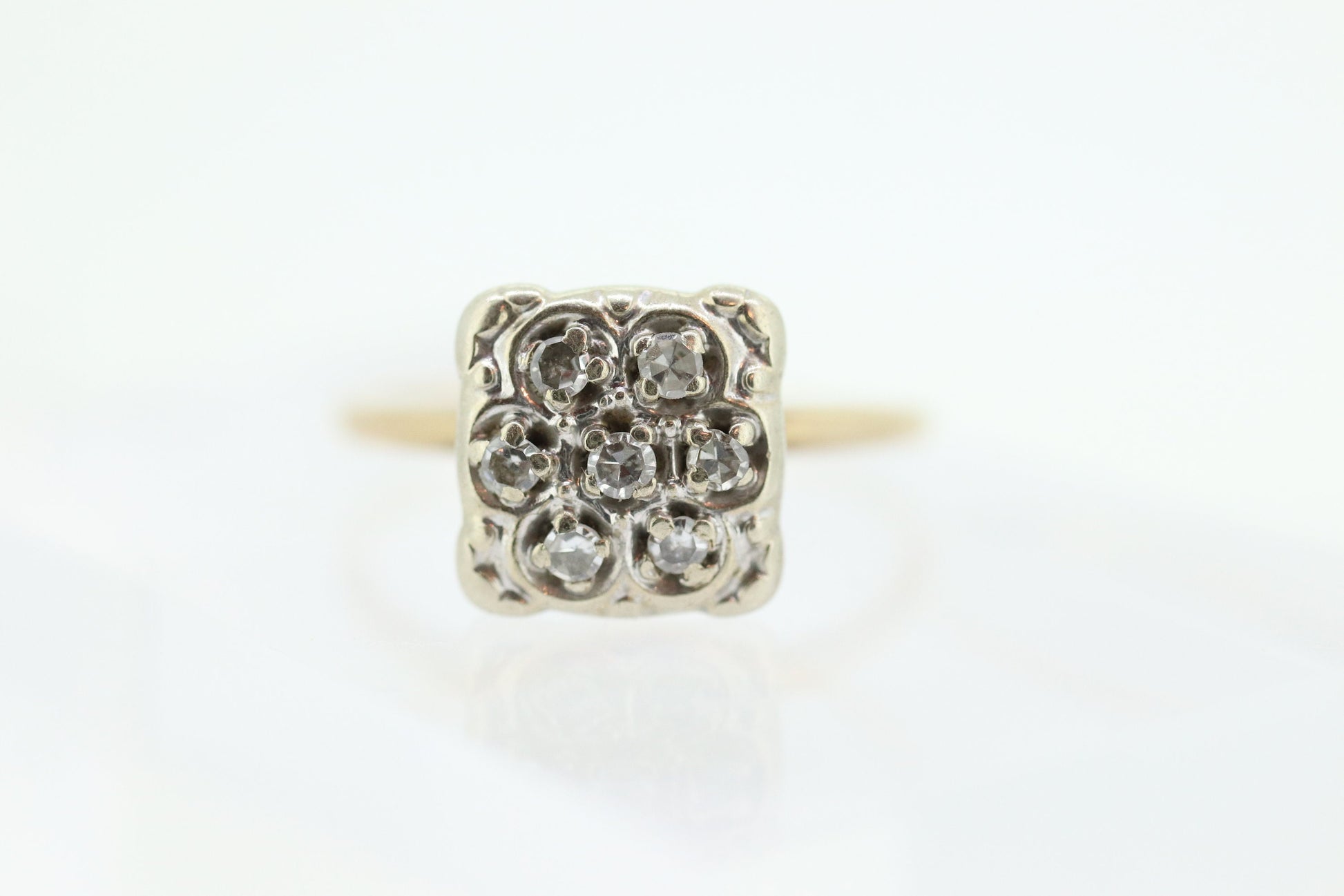 Diamond Daisy Cluster Elevated on Ring. 10k Art Deco Diamond Pave square cathedral. st(92)