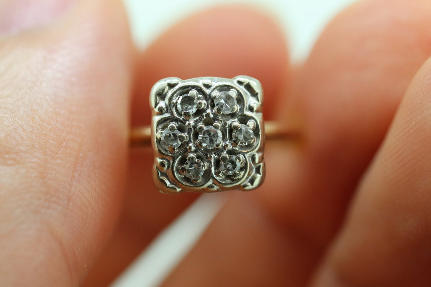 Diamond Daisy Cluster Elevated on Ring. 10k Art Deco Diamond Pave square cathedral. st(92)