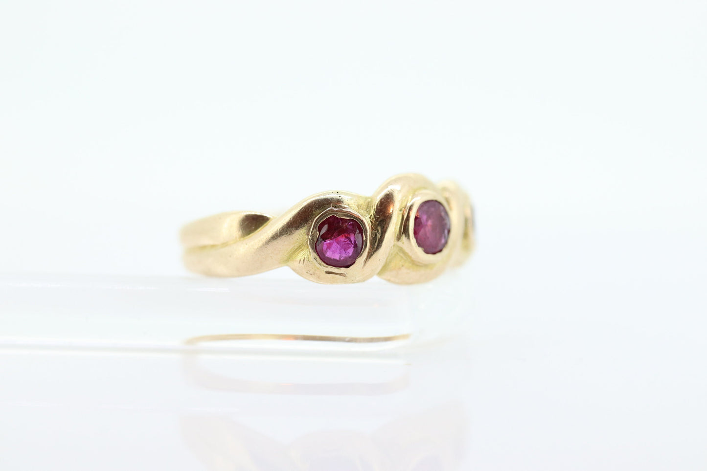 Antique 14k Ruby Ring. Bezel set Triple Ruby ring. 14k yellow gold and Trio Trinity Trilogy Ruby bezel set. Wide ruby band. st(109)