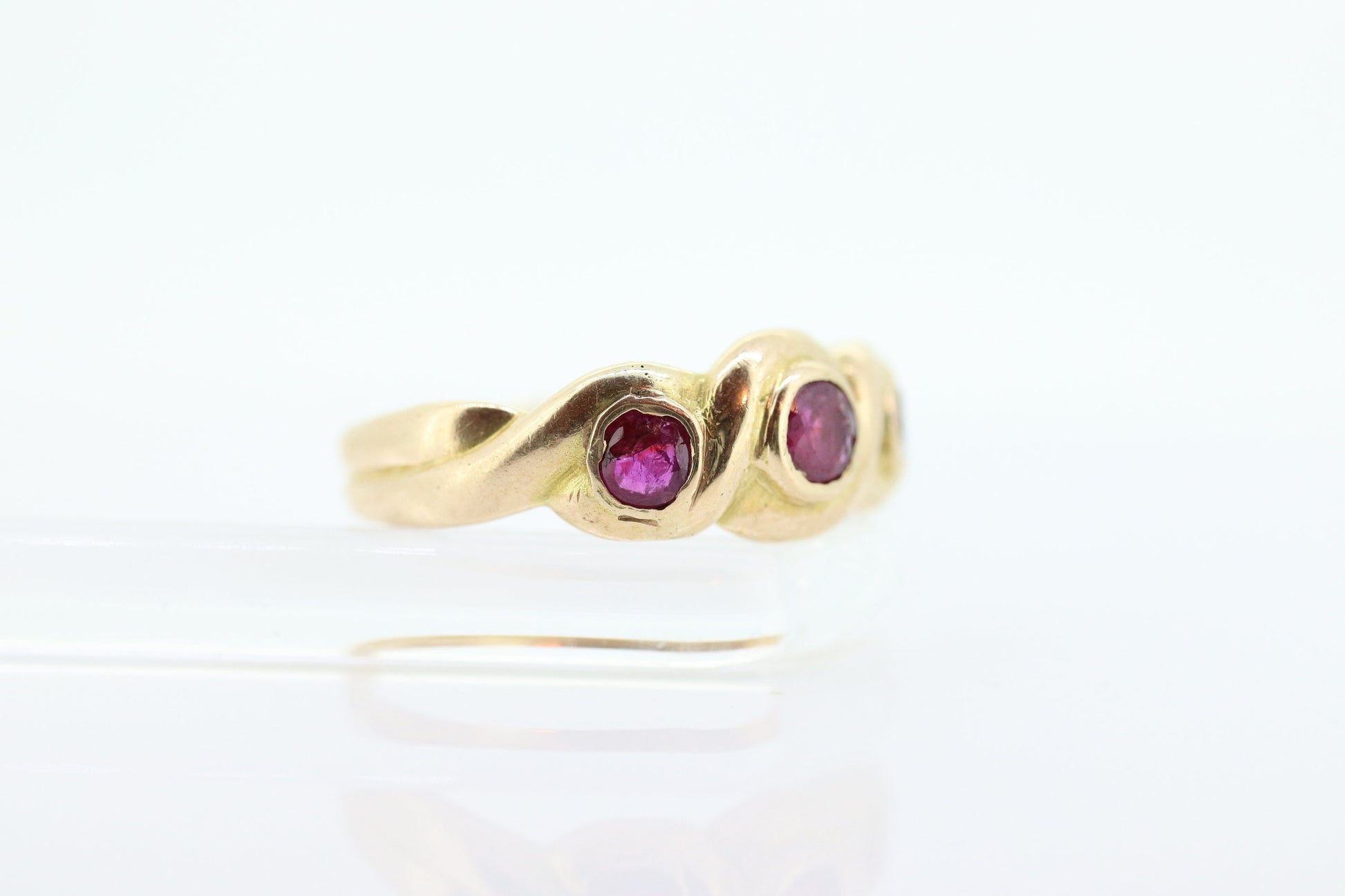 Antique 14k Ruby Ring. Bezel set Triple Ruby ring. 14k yellow gold and Trio Trinity Trilogy Ruby bezel set. Wide ruby band. st(109)