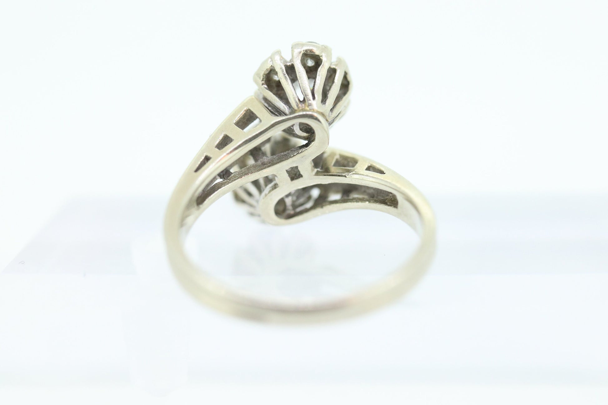 14k White Gold Bypass daisy Ring. Round Diamond Cluster Ring. Double Daisy Flower Diamond Ring. 1+ctw Diamond Flowers st(127)