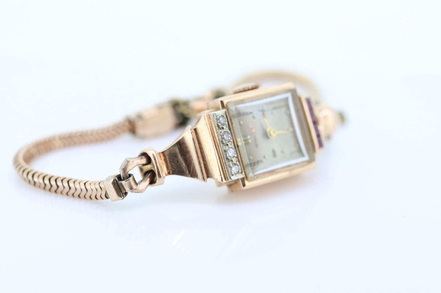 14k Tiffany & Co x Movado Womens Cocktail Watch. 14k Rose gold Manual Windup. 1950s Tiffany Movado Ruby Diamond Watch. st(360)