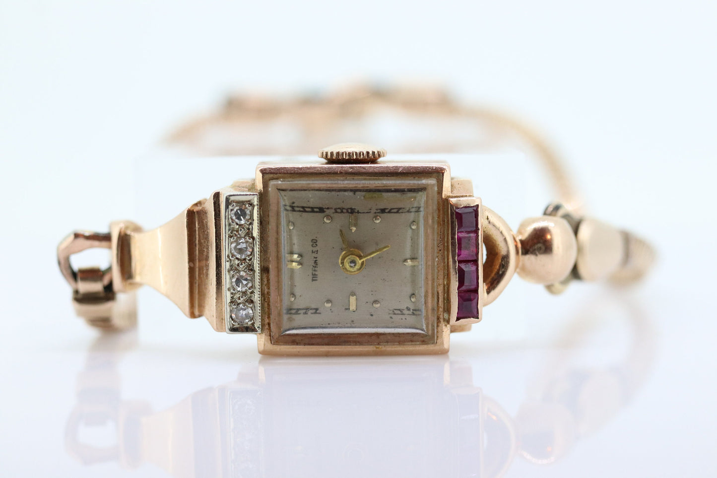 14k Tiffany & Co x Movado Womens Cocktail Watch. 14k Rose gold Manual Windup. 1950s Tiffany Movado Ruby Diamond Watch. st(360)