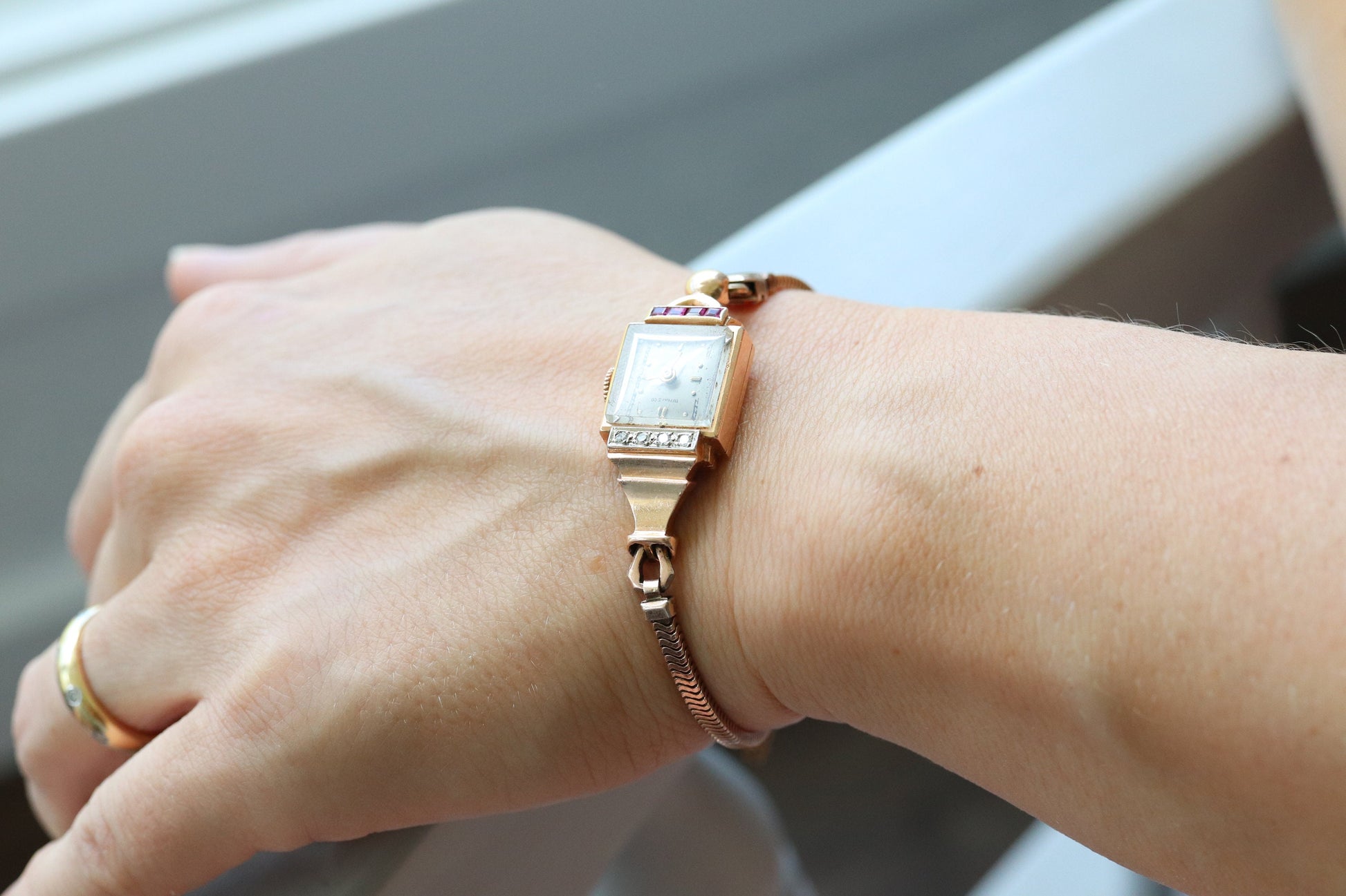 14k Tiffany & Co x Movado Womens Cocktail Watch. 14k Rose gold Manual Windup. 1950s Tiffany Movado Ruby Diamond Watch. st(360)