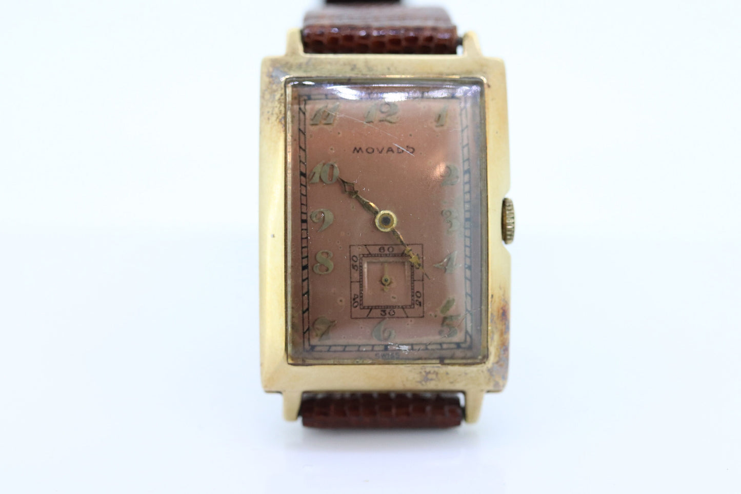 14k MOVADO Rectangle Manual Watch. Antique Mens Movado Vintage Tank Wrist Watch with a second hand. st(414)