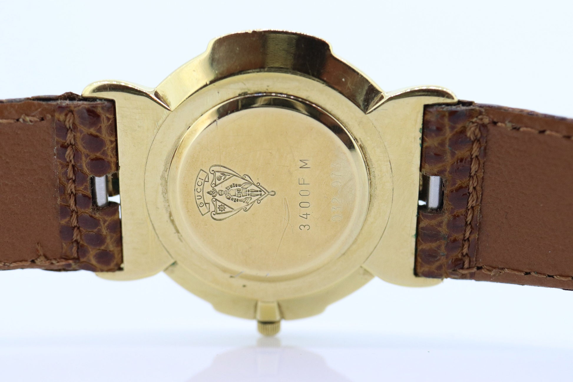 Vintage GUCCI 3400 FM Quartz Leather Watch Timepiece. Ladies Mens 18k Gold Plated Gucci watch st(130)