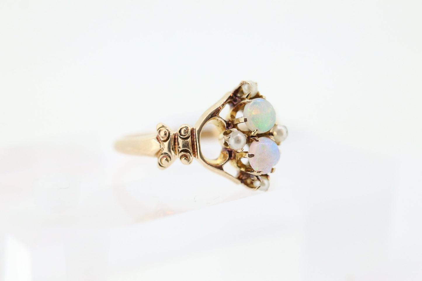 Victorian Double Opal and Pearl Seed ring. Antique 10k Yellow Gold Opal Pearl Seed Victorian Ring.