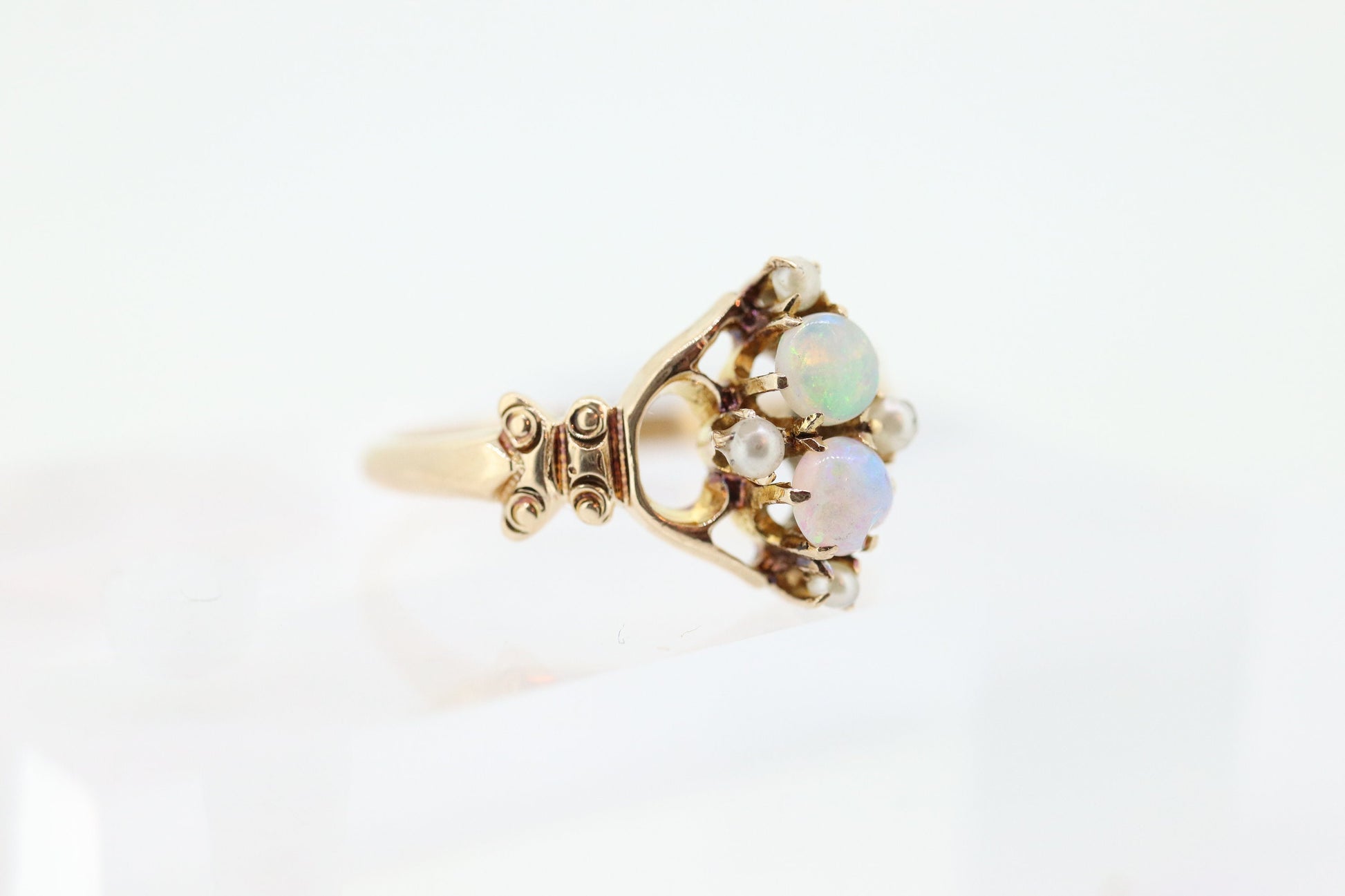 Victorian Double Opal and Pearl Seed ring. Antique 10k Yellow Gold Opal Pearl Seed Victorian Ring.