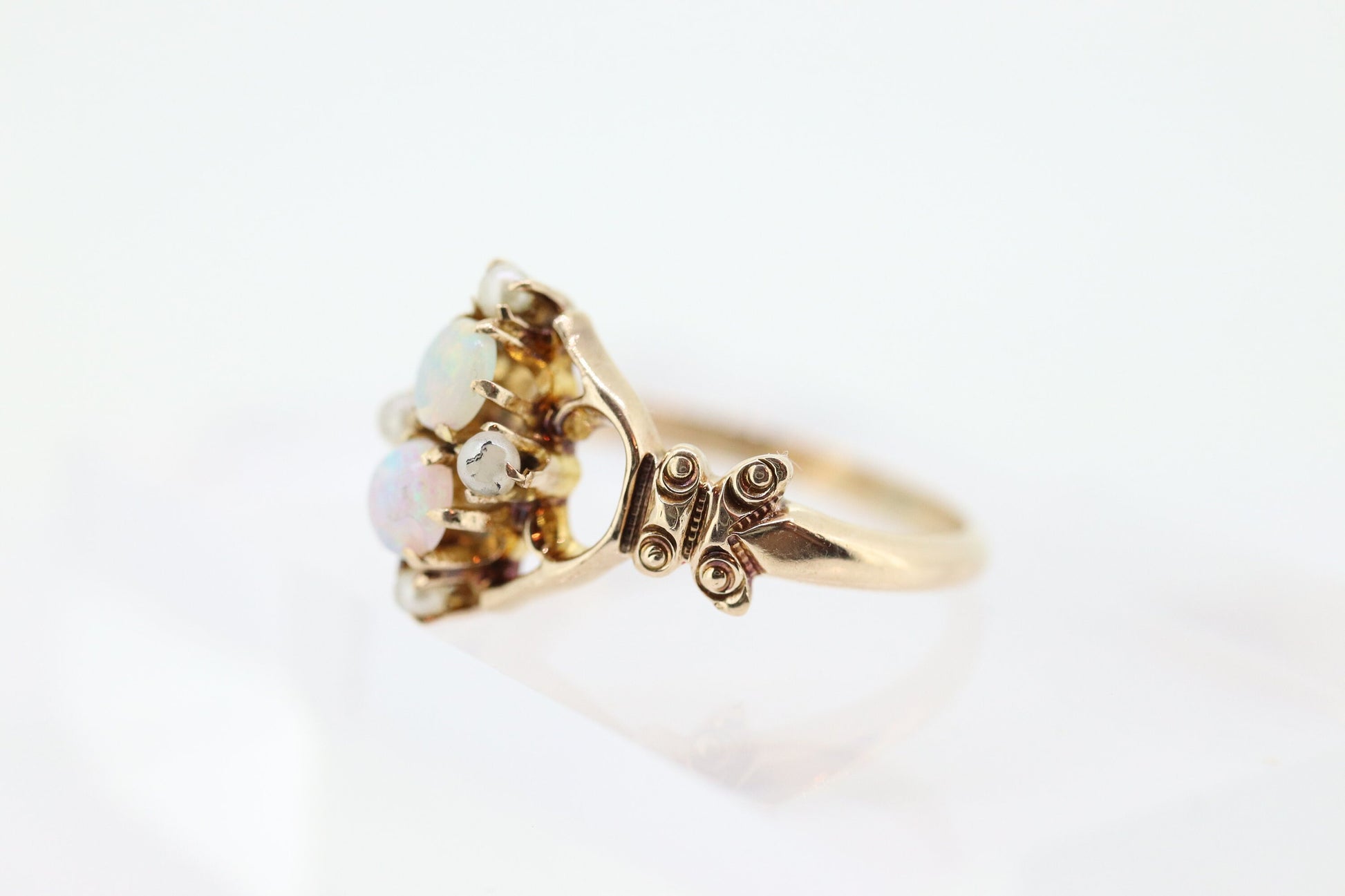 Victorian Double Opal and Pearl Seed ring. Antique 10k Yellow Gold Opal Pearl Seed Victorian Ring.