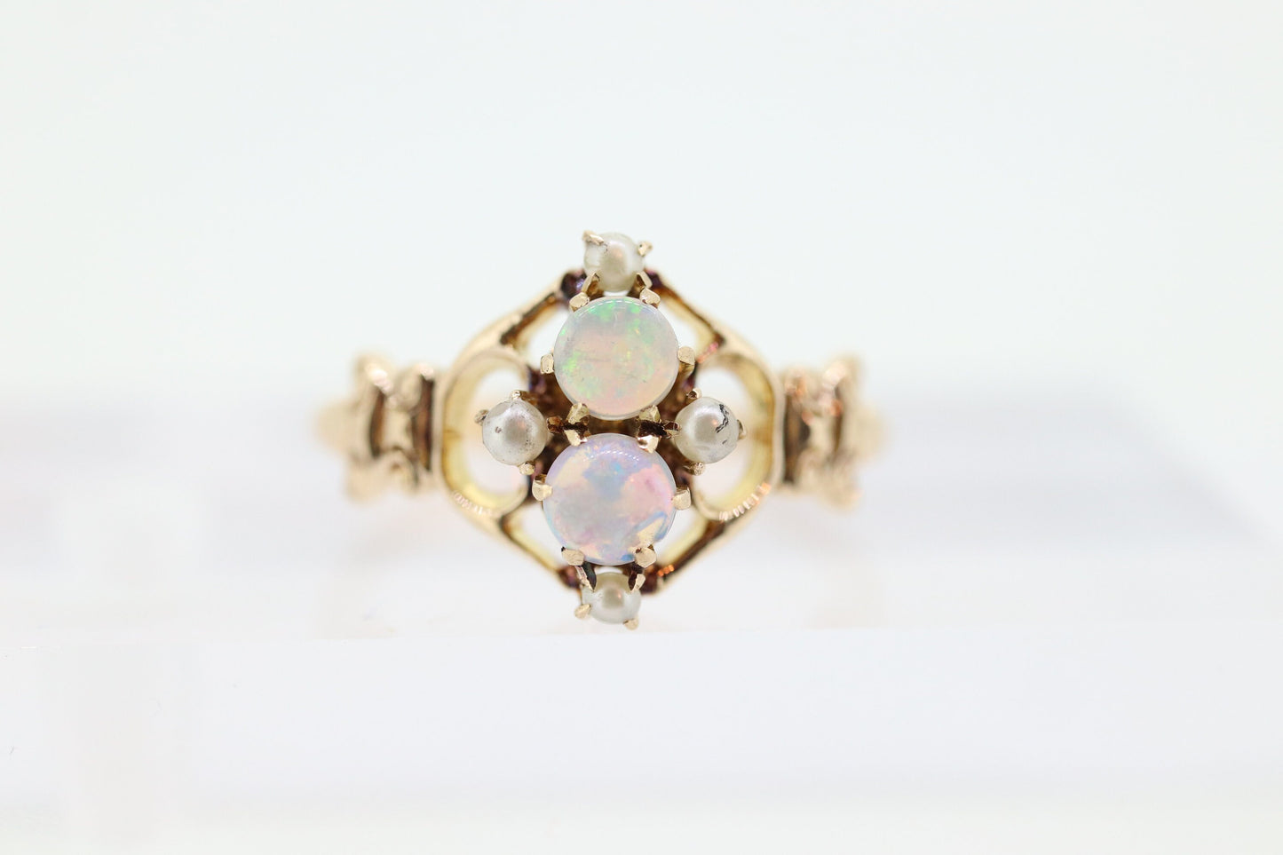 Victorian Double Opal and Pearl Seed ring. Antique 10k Yellow Gold Opal Pearl Seed Victorian Ring.
