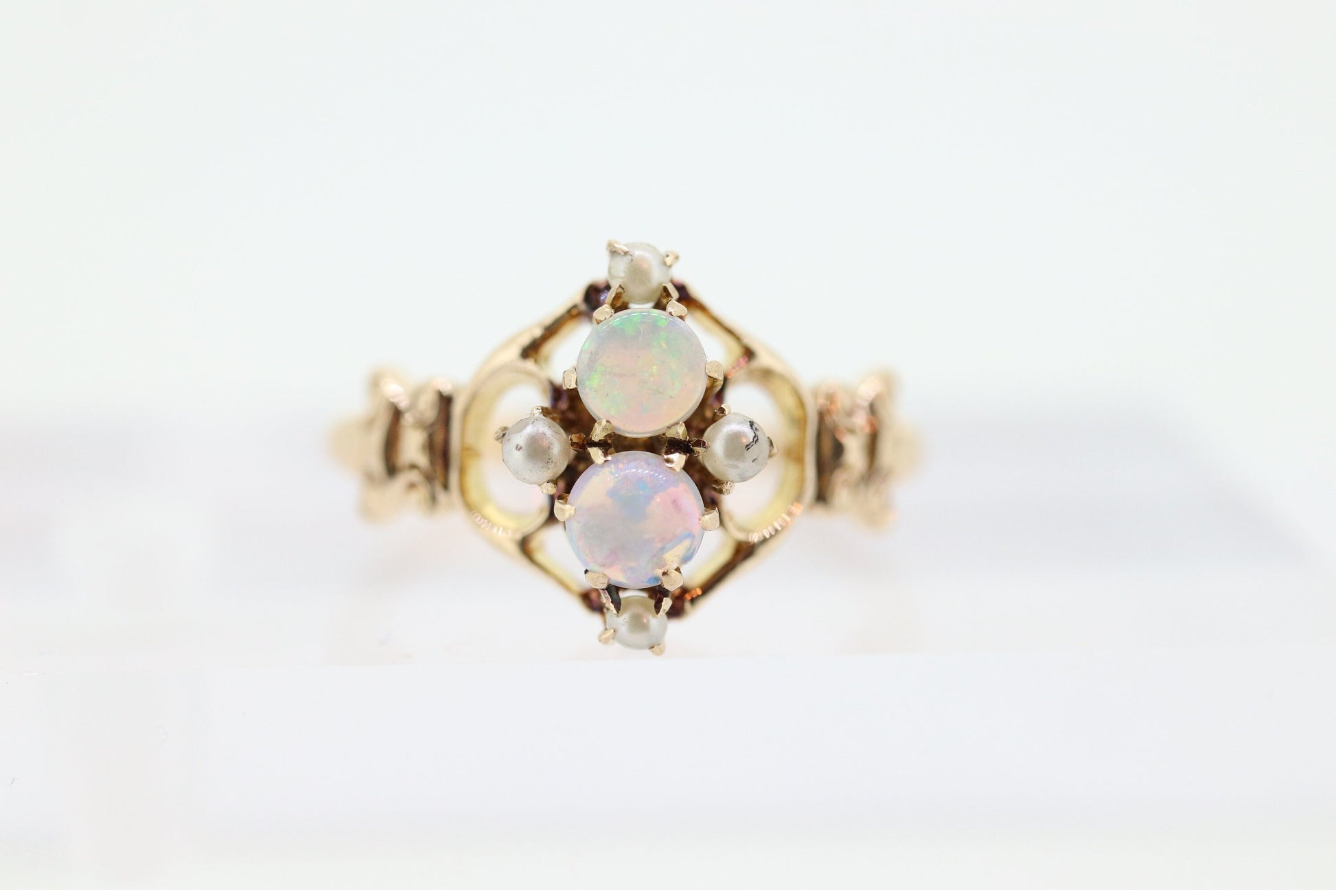Victorian Double Opal and Pearl Seed ring. Antique 10k Yellow Gold Opal Pearl Seed Victorian Ring.