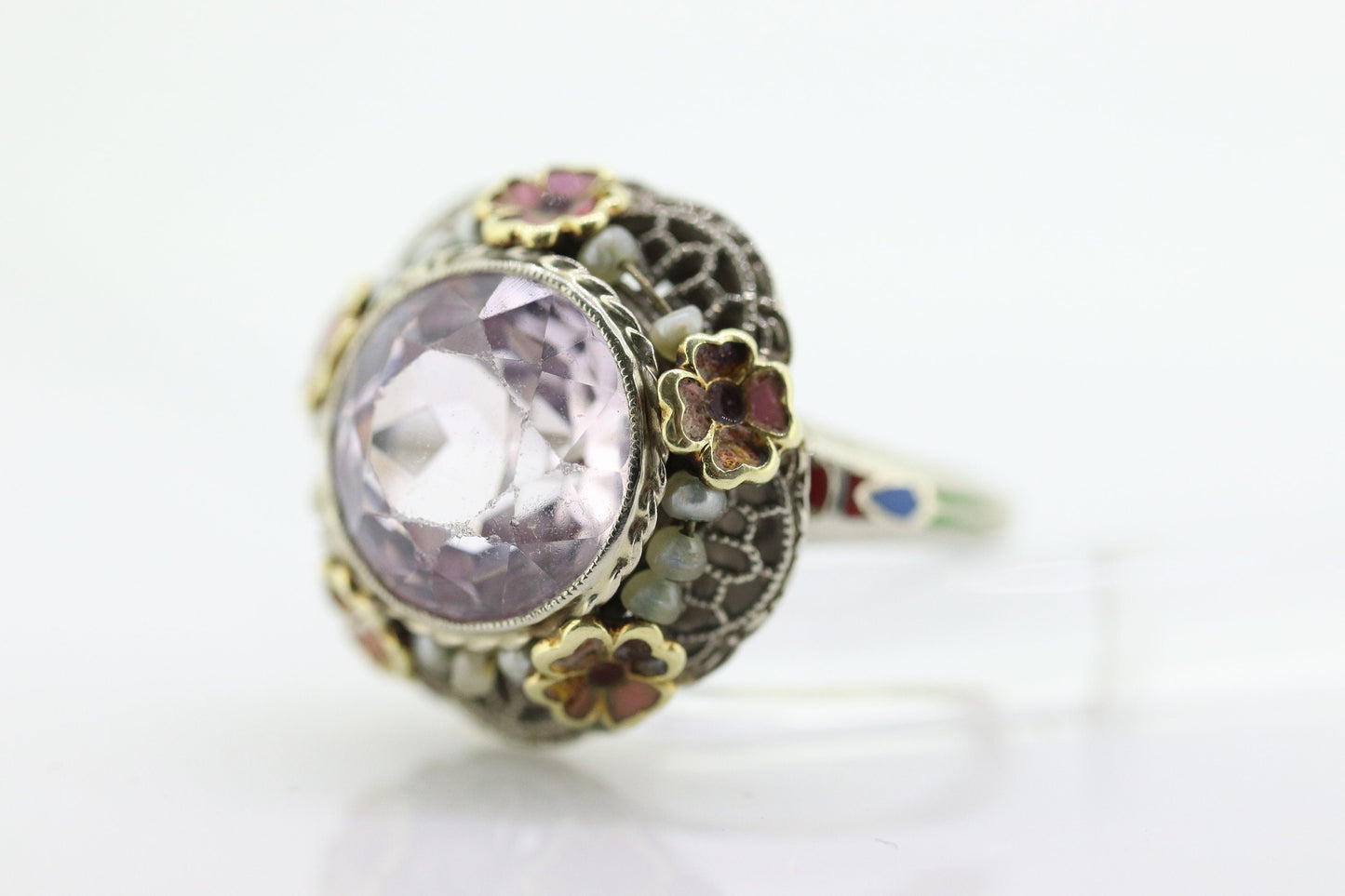 Antique 14k Gold Art Deco Kunzite ring. Robin Bladen & Robins RBR Pearl seed enamel flower filigree ring. st(248)