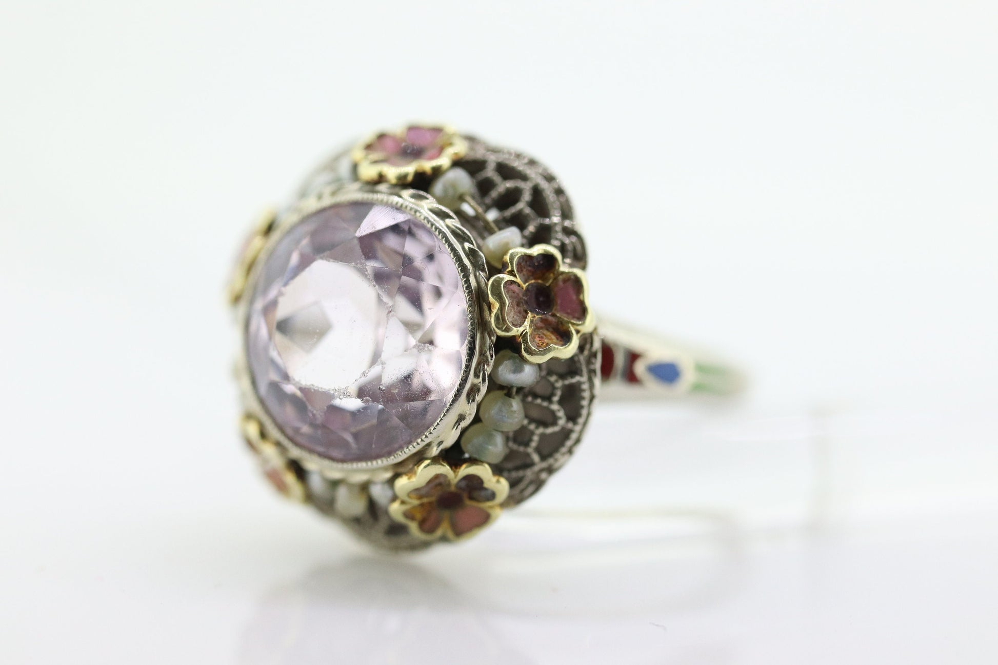 Antique 14k Gold Art Deco Kunzite ring. Robin Bladen & Robins RBR Pearl seed enamel flower filigree ring. st(248)