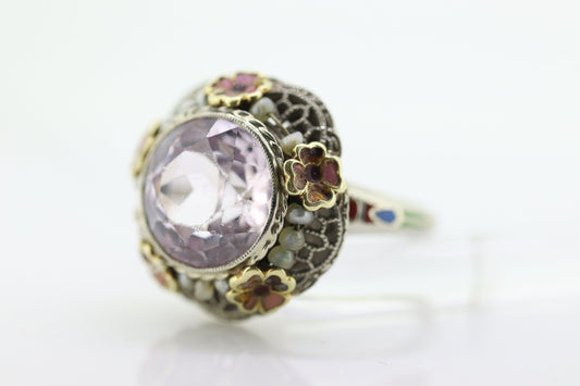 Antique 14k Gold Art Deco Kunzite ring. Robin Bladen & Robins RBR Pearl seed enamel flower filigree ring. st(248)