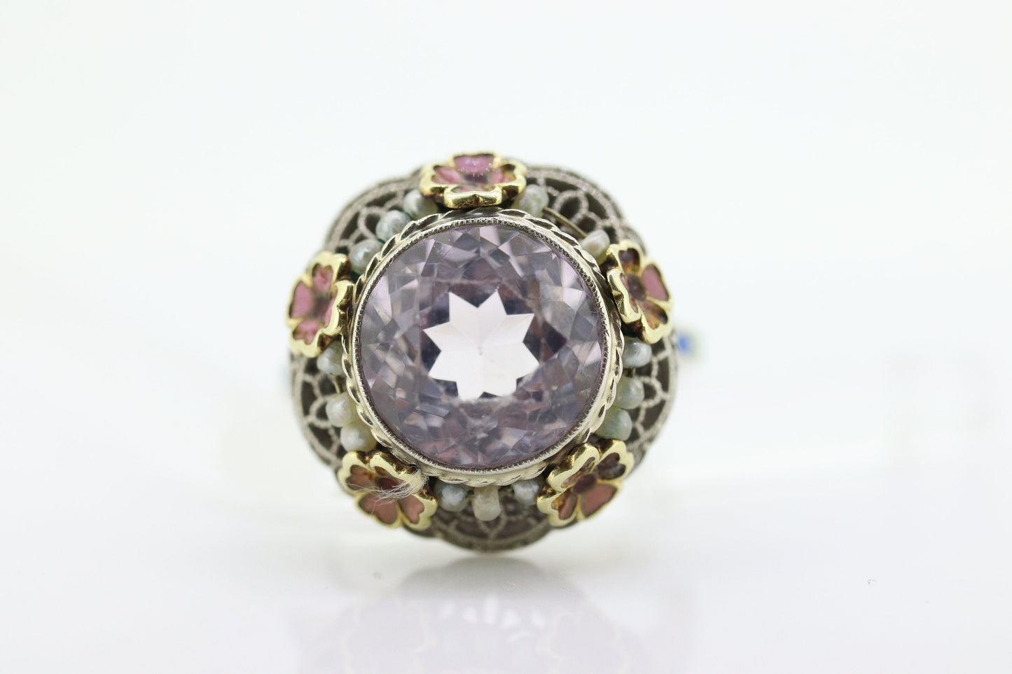 Antique 14k Gold Art Deco Kunzite ring. Robin Bladen & Robins RBR Pearl seed enamel flower filigree ring. st(248)