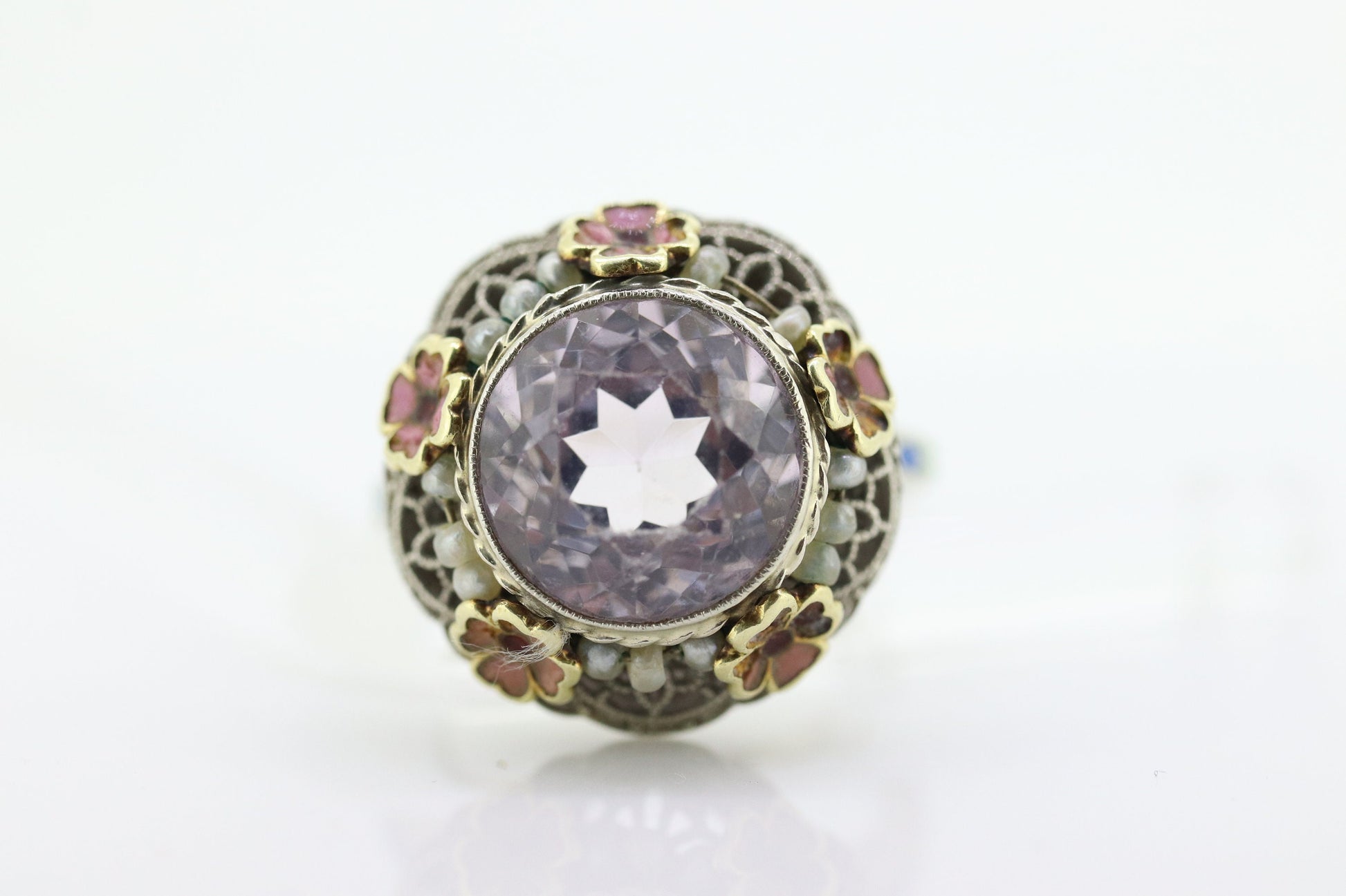 Antique 14k Gold Art Deco Kunzite ring. Robin Bladen & Robins RBR Pearl seed enamel flower filigree ring. st(248)