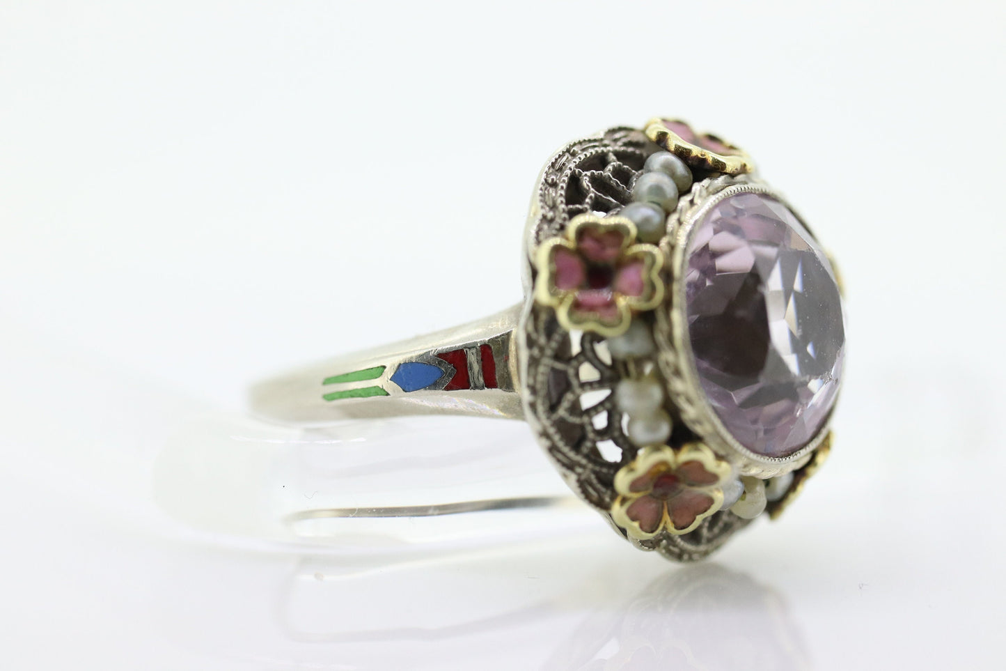 Antique 14k Gold Art Deco Kunzite ring. Robin Bladen & Robins RBR Pearl seed enamel flower filigree ring. st(248)