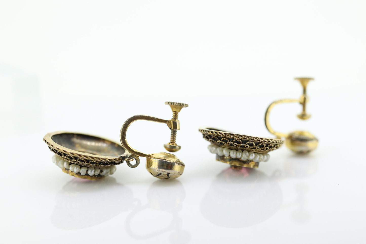 Antique Garnet Pearl seed Earrings. 14k Gold Victorian Etruscan Garnet Dangle Unpierced Screw back st(55)