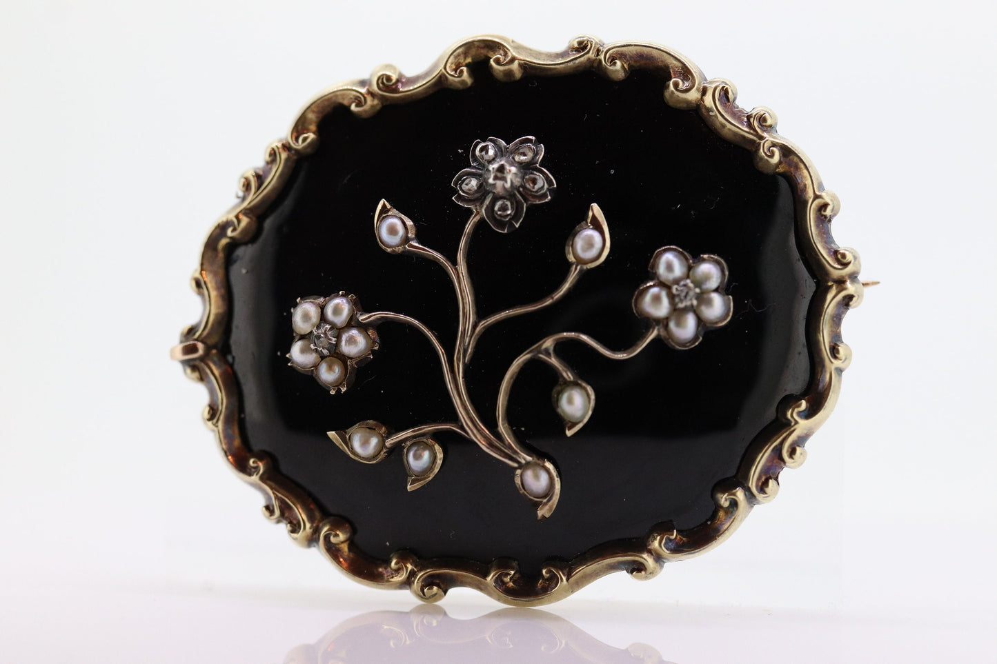 12k Victorian Black Enamel, Seed Pearls, Diamond and 12k gold and sterling silver, Mourning Brooch, c1840, Braided Hair Forget me not 260