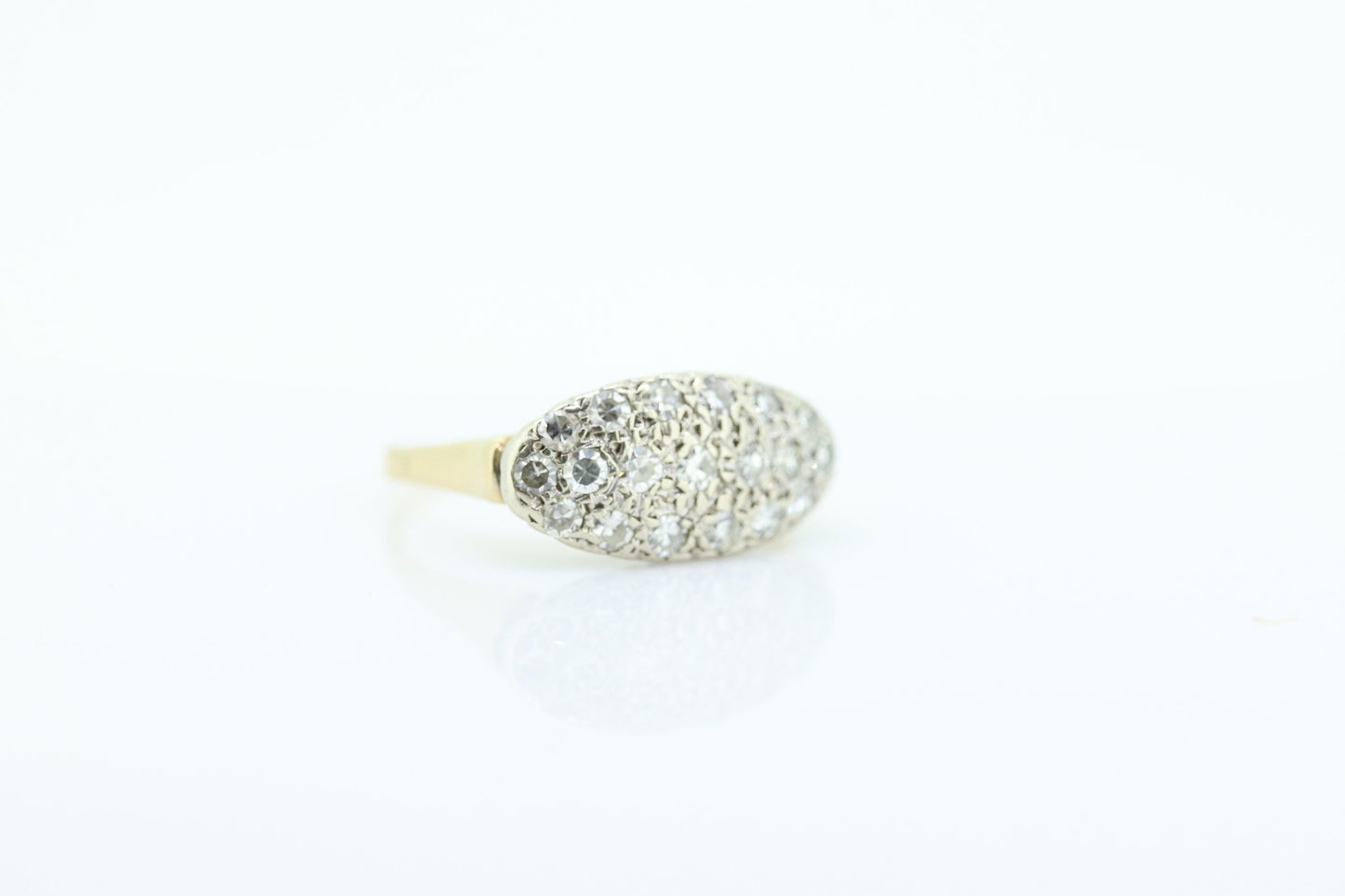 14k Diamond Pave Cluster Bombe Ring. 14k Yellow White Gold Edwardian Diamond Pave cluster Oval top ring. st(184)