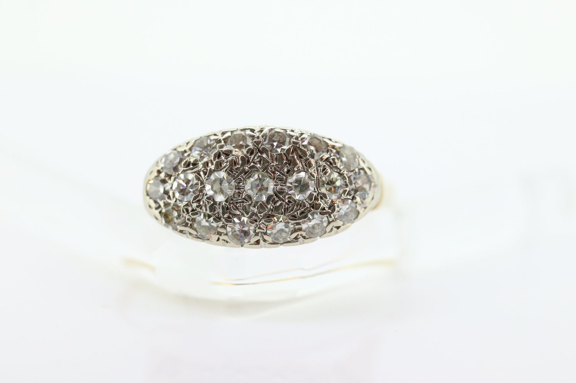 14k Diamond Pave Cluster Bombe Ring. 14k Yellow White Gold Edwardian Diamond Pave cluster Oval top ring. st(184)