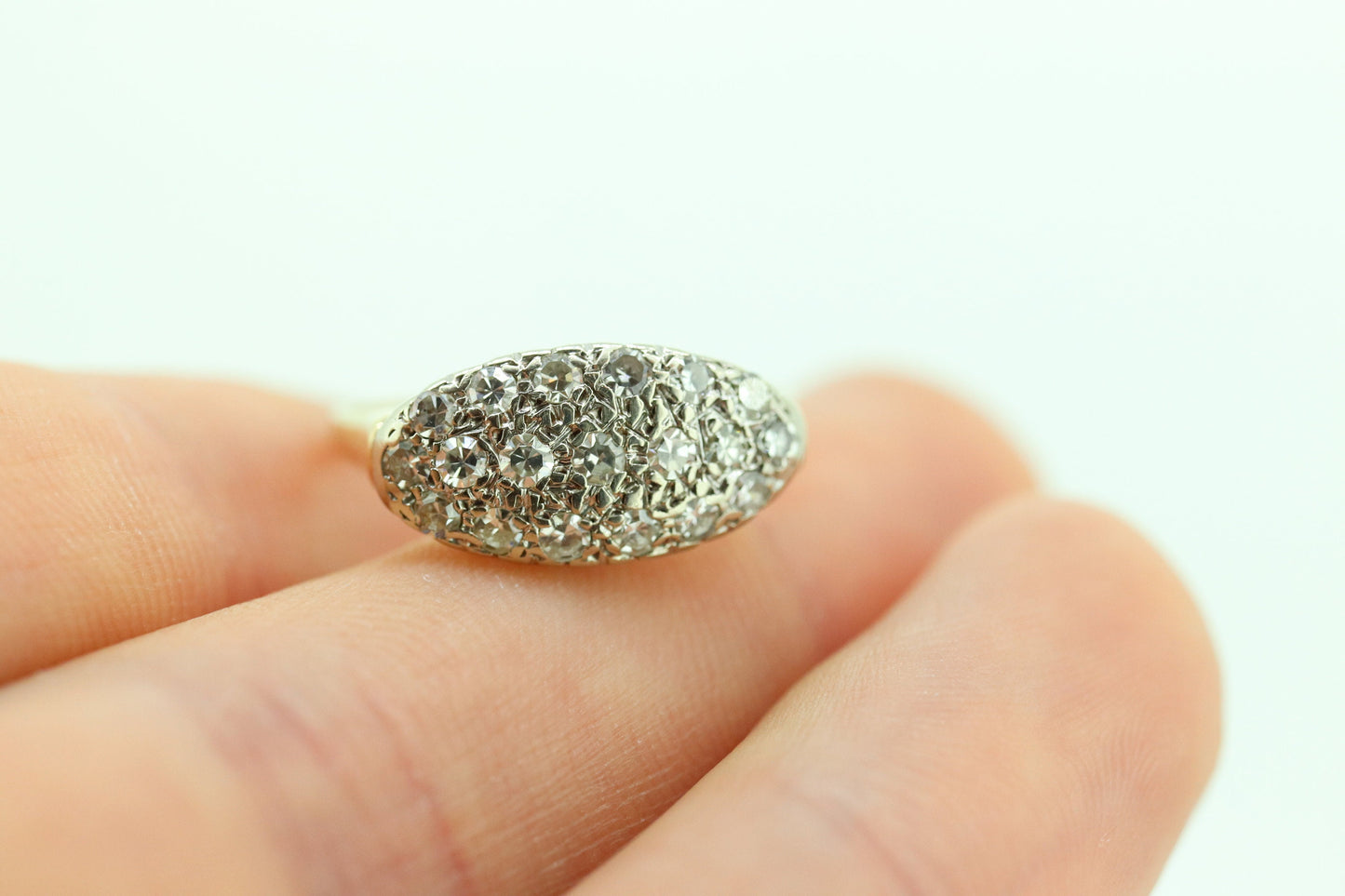 14k Diamond Pave Cluster Bombe Ring. 14k Yellow White Gold Edwardian Diamond Pave cluster Oval top ring. st(184)