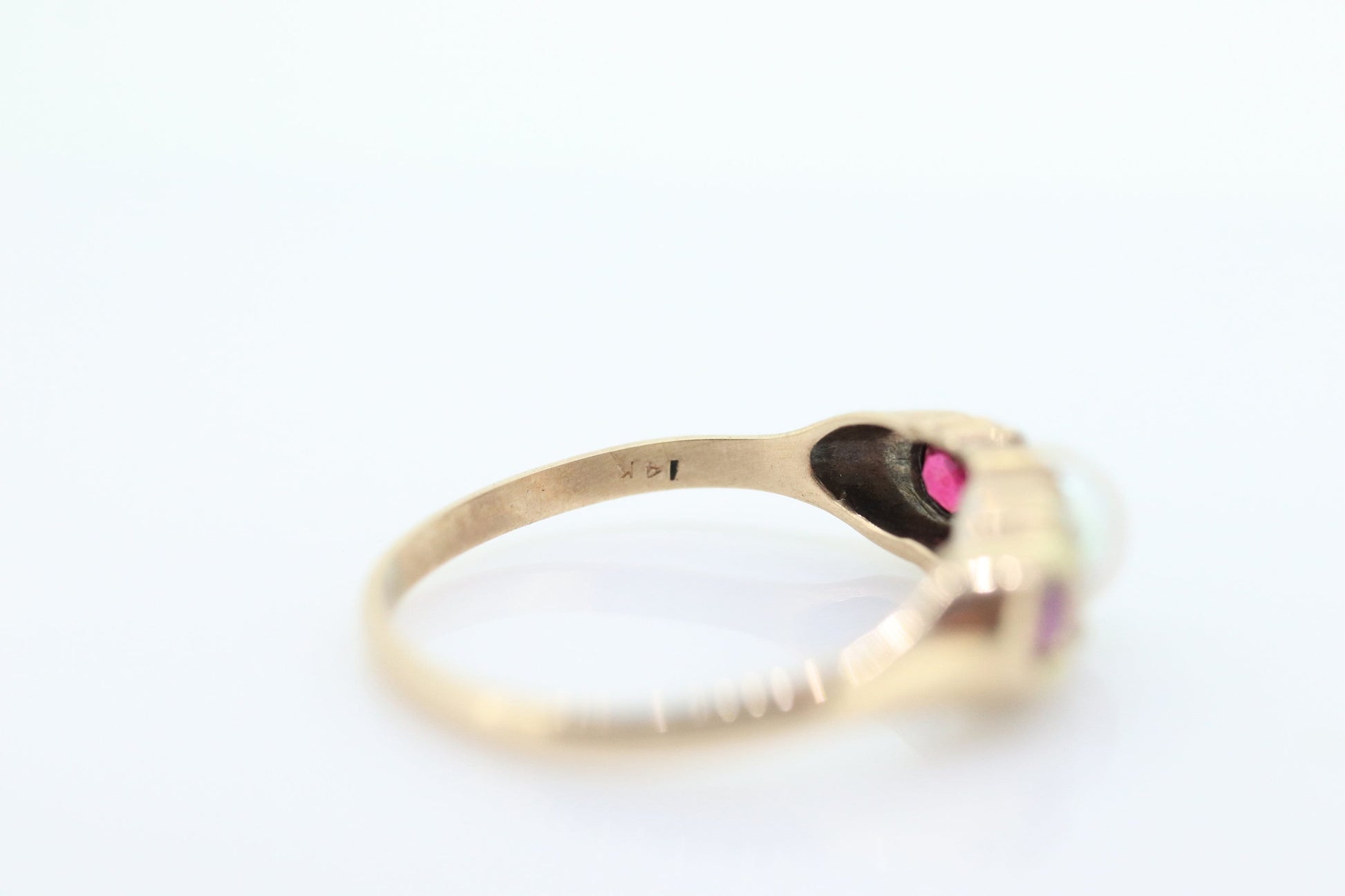 14k Ruby and Pearl Cluster ring. Victorian Pearl seed and Ruby band. st(109)