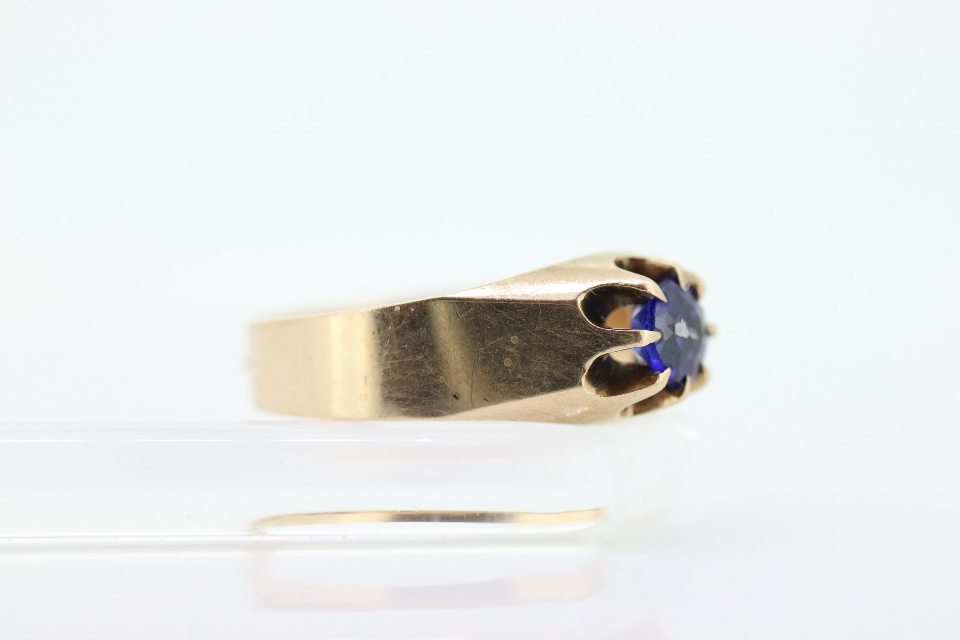 10k Blue IOLITE solitaire belcher setting ring. 10k Victorian Belcher set claw iolite wide band. st(92)