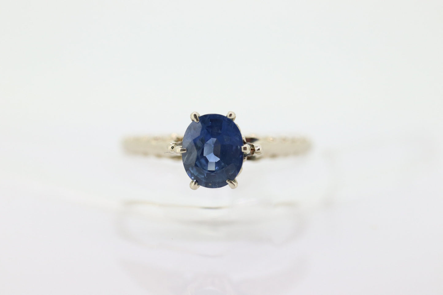Large oval Sapphire 14k solitaire ring. 14k white gold Art deco engraved designs and high cathedral. st(63)