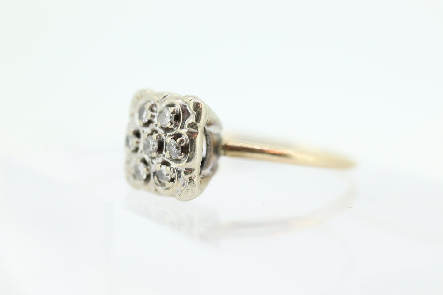 Diamond Daisy Cluster Elevated on Ring. 10k Art Deco Diamond Pave square cathedral. st(92)