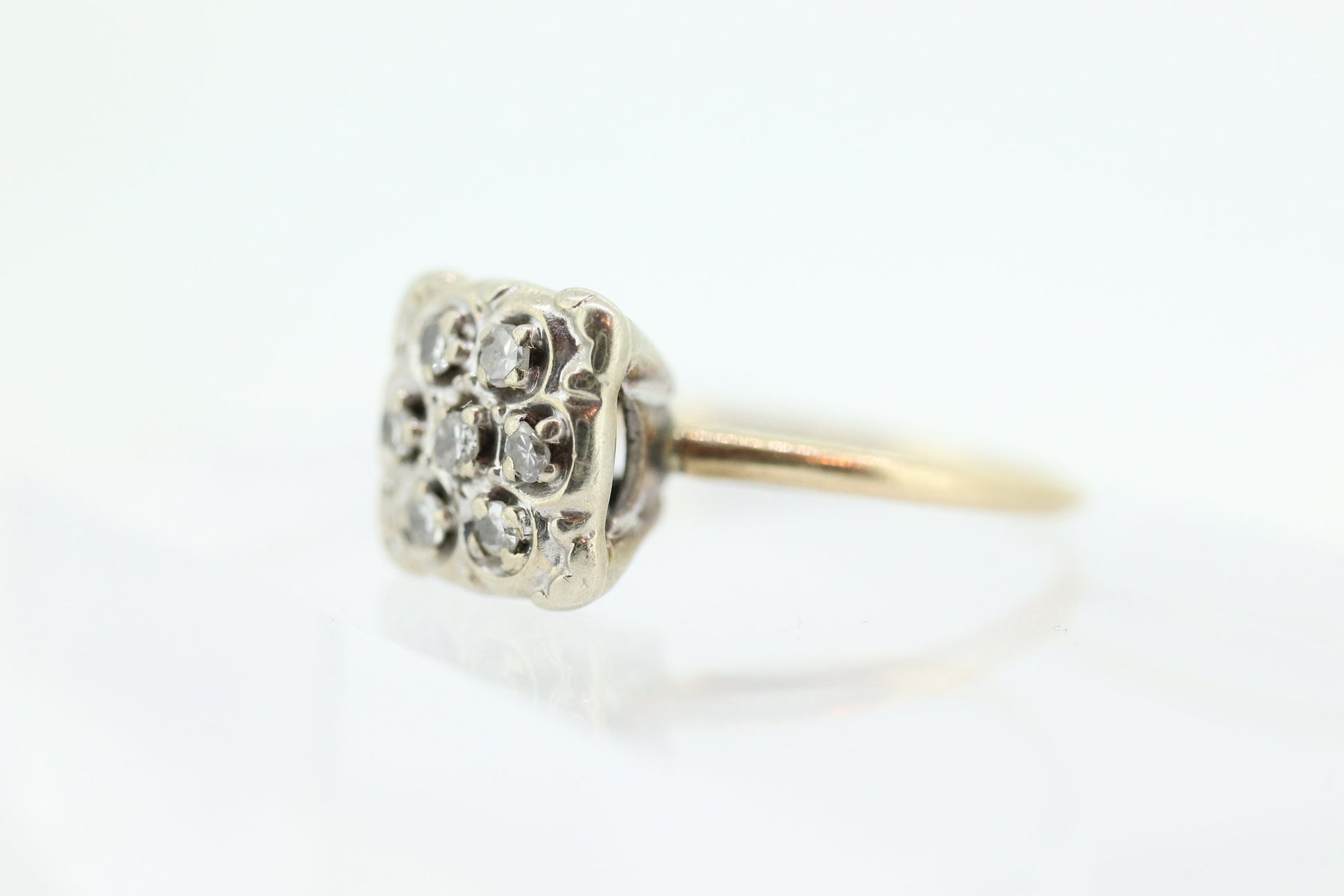 Diamond Daisy Cluster Elevated on Ring. 10k Art Deco Diamond Pave square cathedral. st(92)